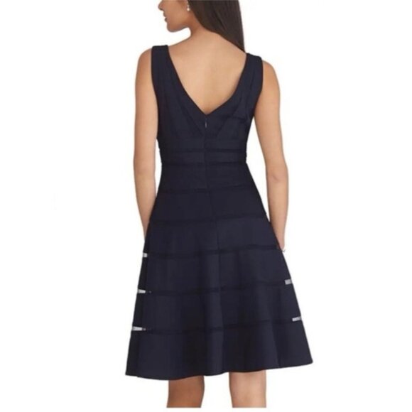 WHBM Dress 14 Black A Line V Front Back Sleeveless Stretch Mesh Trim - Picture 4 of 15